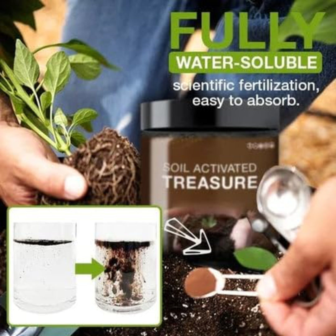 Soil activated treasure product with text about water-soluble fertilization.