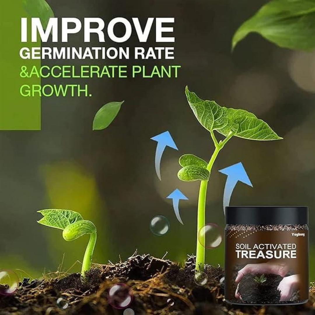 Advertisement for Soil Activated Treasure with text 'Improve Germination Rate & Accelerate Plant Growth' and images of plants growing.