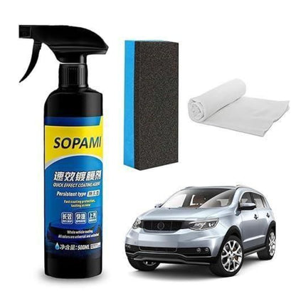 Car care products including a spray bottle, sponge, towel, and car on a white background