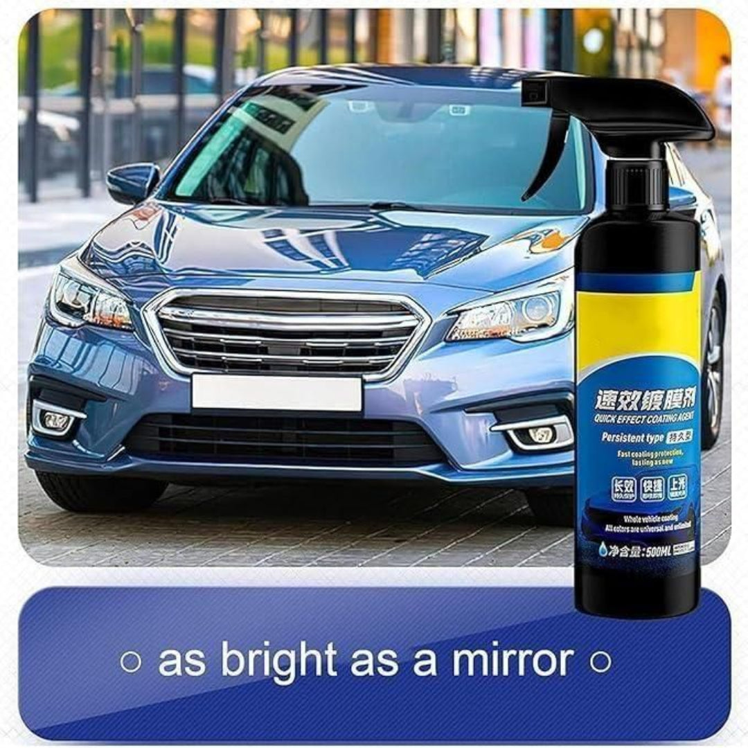 Car with a spray bottle labeled 'as bright as a mirror' on a blurred street background
