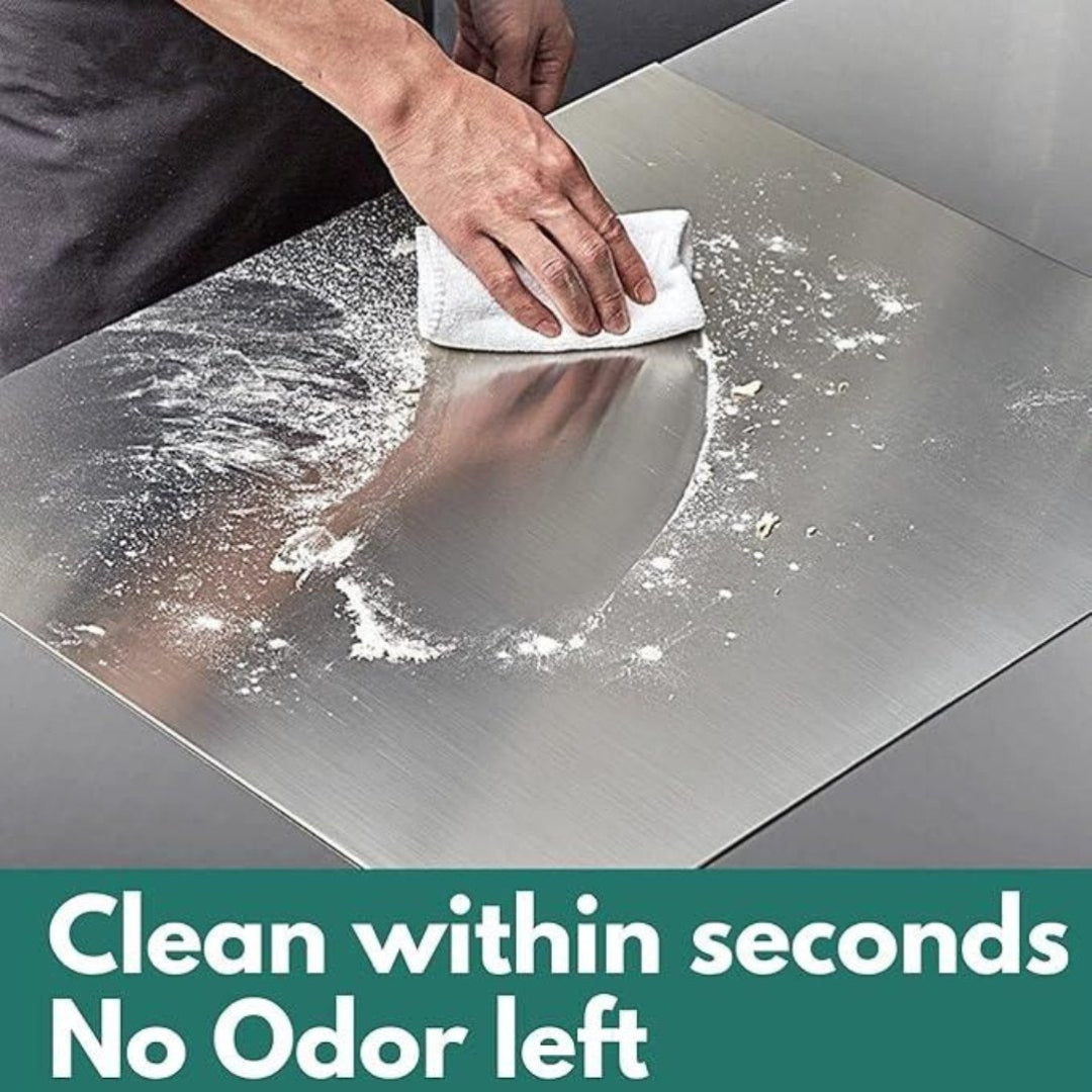 Person cleaning a metallic surface with a cloth, text 'Clean within seconds No Odor left' at the bottom.