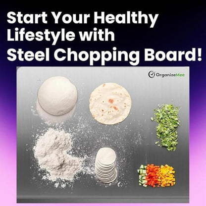 Steel chopping board with various food items and text promoting a healthy lifestyle.