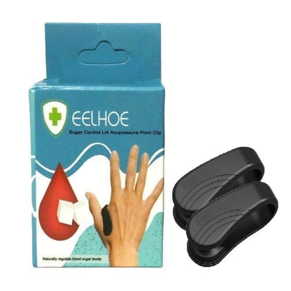 Eelhoe sugar control acupressure point clip packaging with a hand illustration and product on a white background