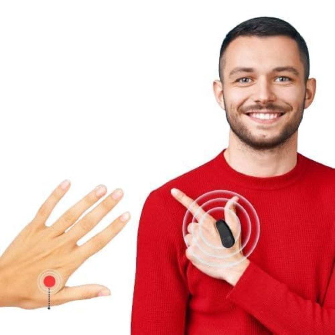 Man in red sweater holding a black device with a hand and diagram showing its use on a white background