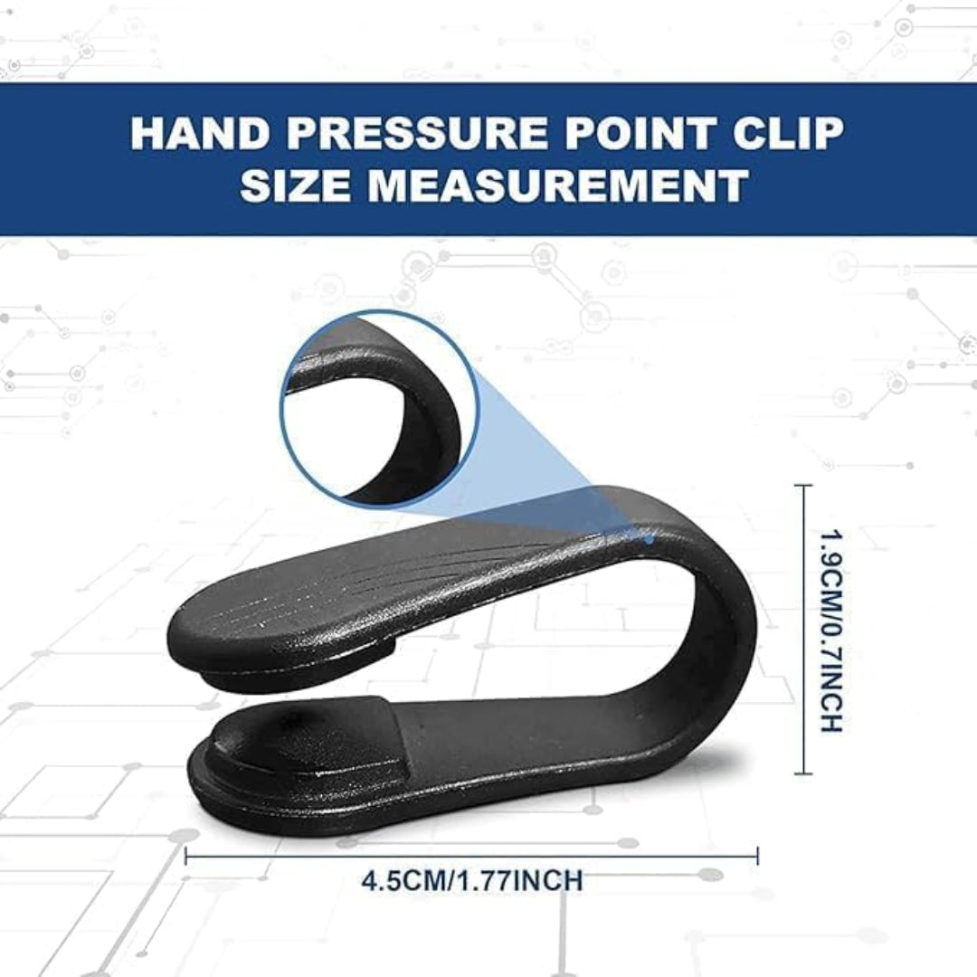 Hand pressure point clip with measurements on a technical background