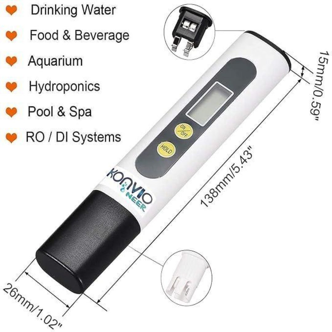 KONVOI water quality tester with features listed on a white background
