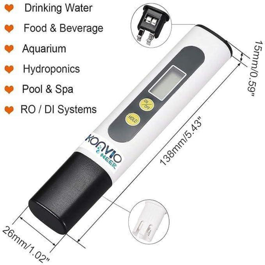 KONVOI water quality tester with features listed on a white background