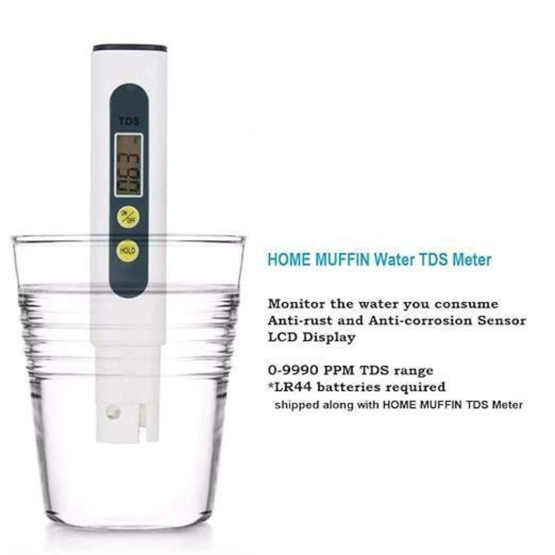 Home Muffin Water TDS Meter with a glass of water on a white background