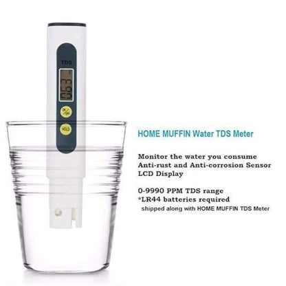 Home Muffin Water TDS Meter with a glass of water on a white background