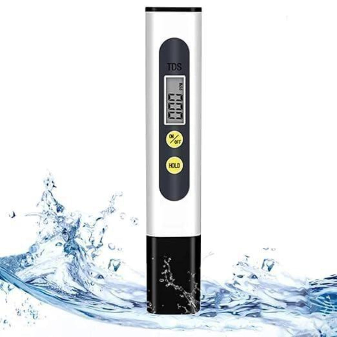 Digital water quality tester with a splash of water at the bottom