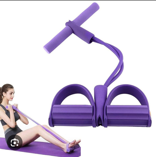 Purple resistance band exercise tool with a woman using it on a white background