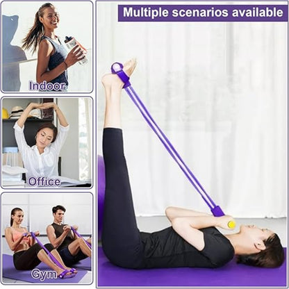 Woman using a resistance band in various settings including indoor, office, and gym.