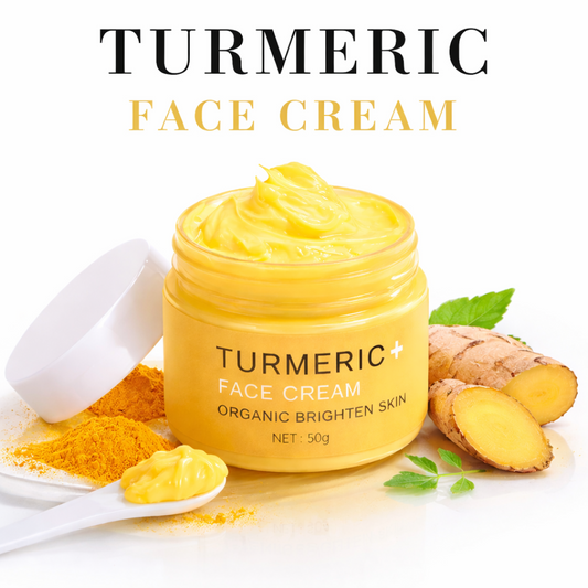 Turmeric face cream jar with turmeric powder and roots on a white background
