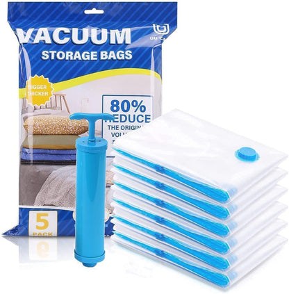 Vacuum storage bags with pump and packaging on a white background