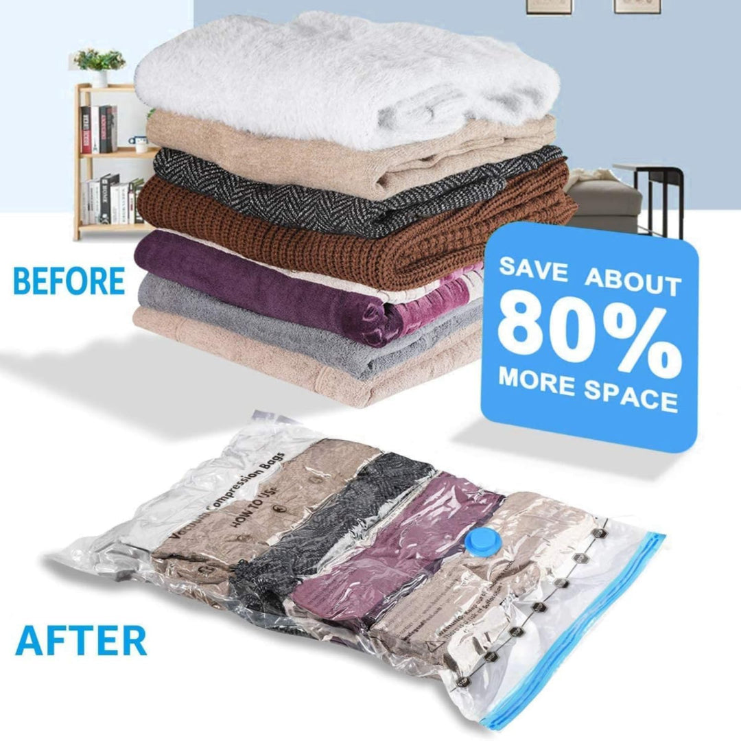 Stack of folded clothes before and after being compressed in a vacuum bag with text indicating space saving.