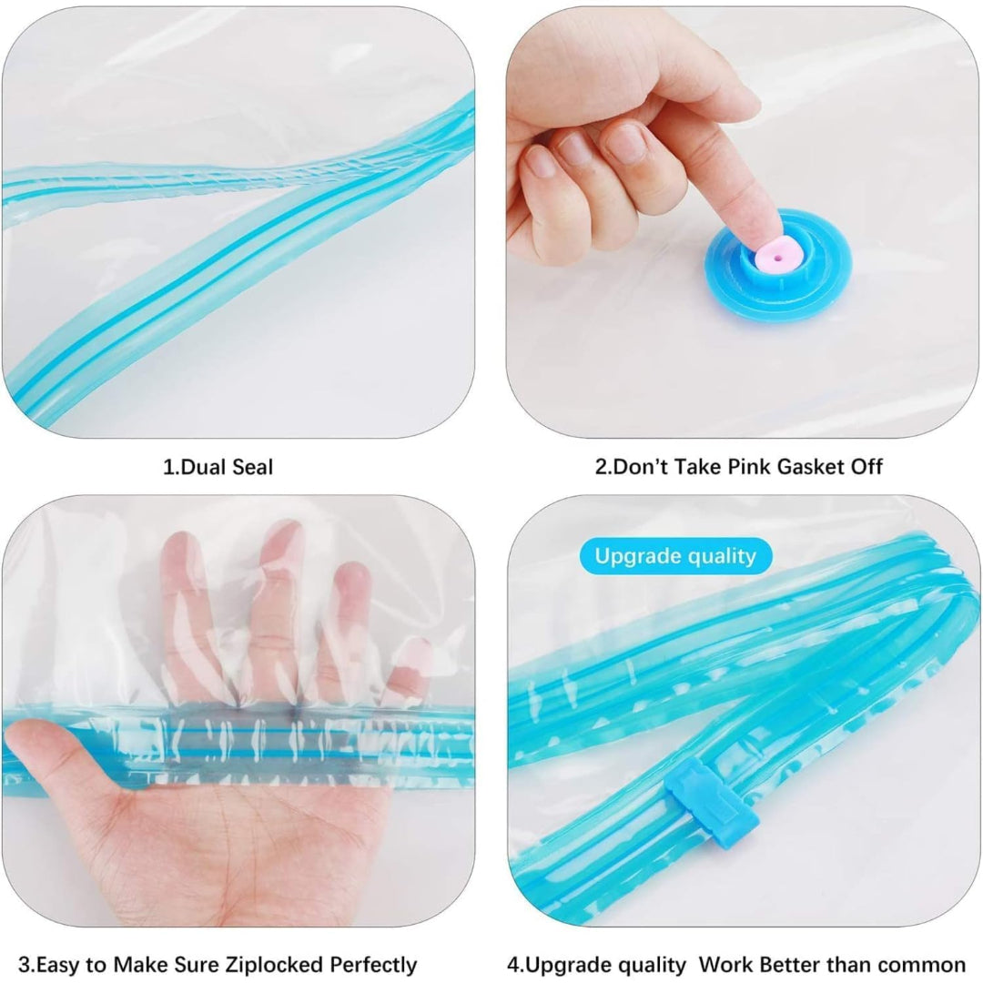 Instructions for using a blue ziplock bag with a pink gasket, showing dual seal, ensuring perfect sealing, and upgrade quality.