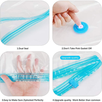 Instructions for using a blue ziplock bag with a pink gasket, showing dual seal, ensuring perfect sealing, and upgrade quality.