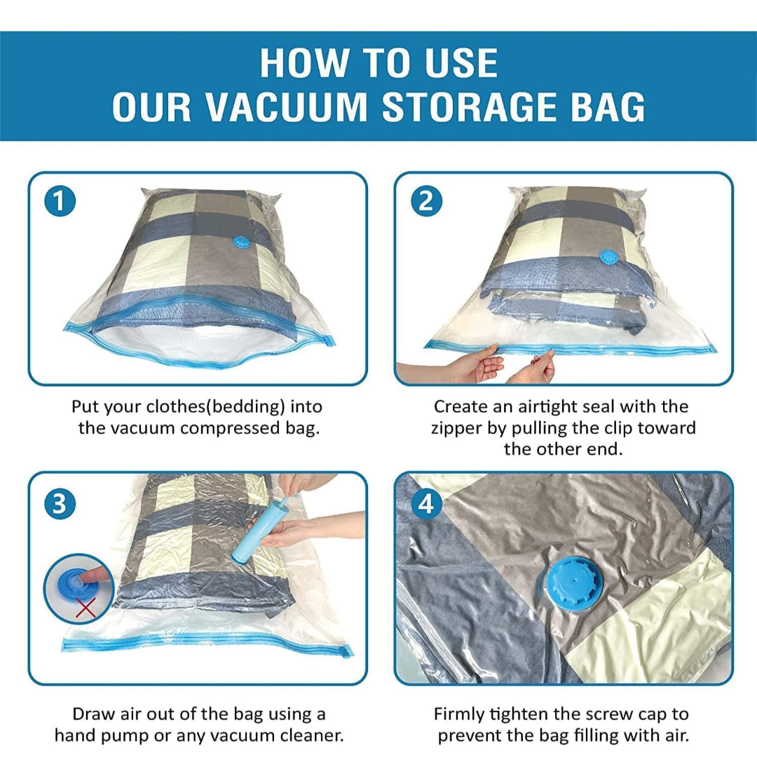 Step-by-step guide on how to use a vacuum storage bag with images and text.