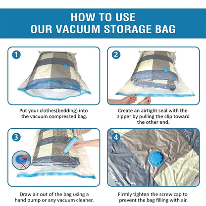 Step-by-step guide on how to use a vacuum storage bag with images and text.