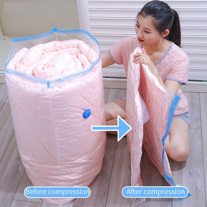 Woman demonstrating the compression of a large pink bag with a mattress inside, labeled 'Before compression' and 'After compression'.