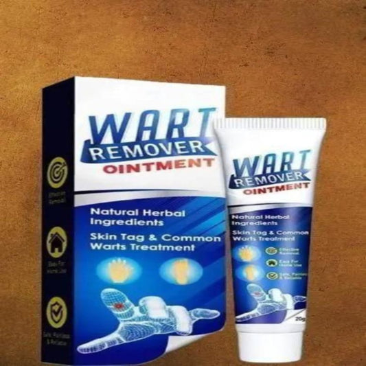 Packaging of Wart Remover Ointment cream tube with information about the product being a natural herbal ingredient for skin tag and common warts treatment.