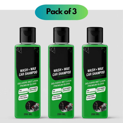Three bottles of 'Wash + Wax Car Shampoo' on a white background