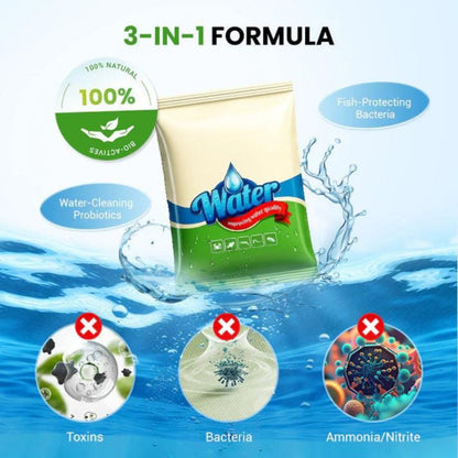 Product packaging with '3-IN-1 FORMULA' text and water splashes on a blue background
