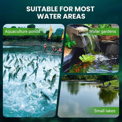 Collage of images showing fish in an aquaculture pond, a water garden with a waterfall, and a small lake. Text 'Suitable for most water areas' is displayed.