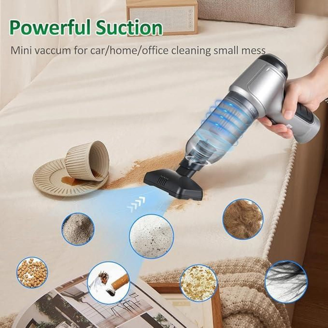 Handheld vacuum cleaner cleaning a carpet with text highlighting its power and uses.