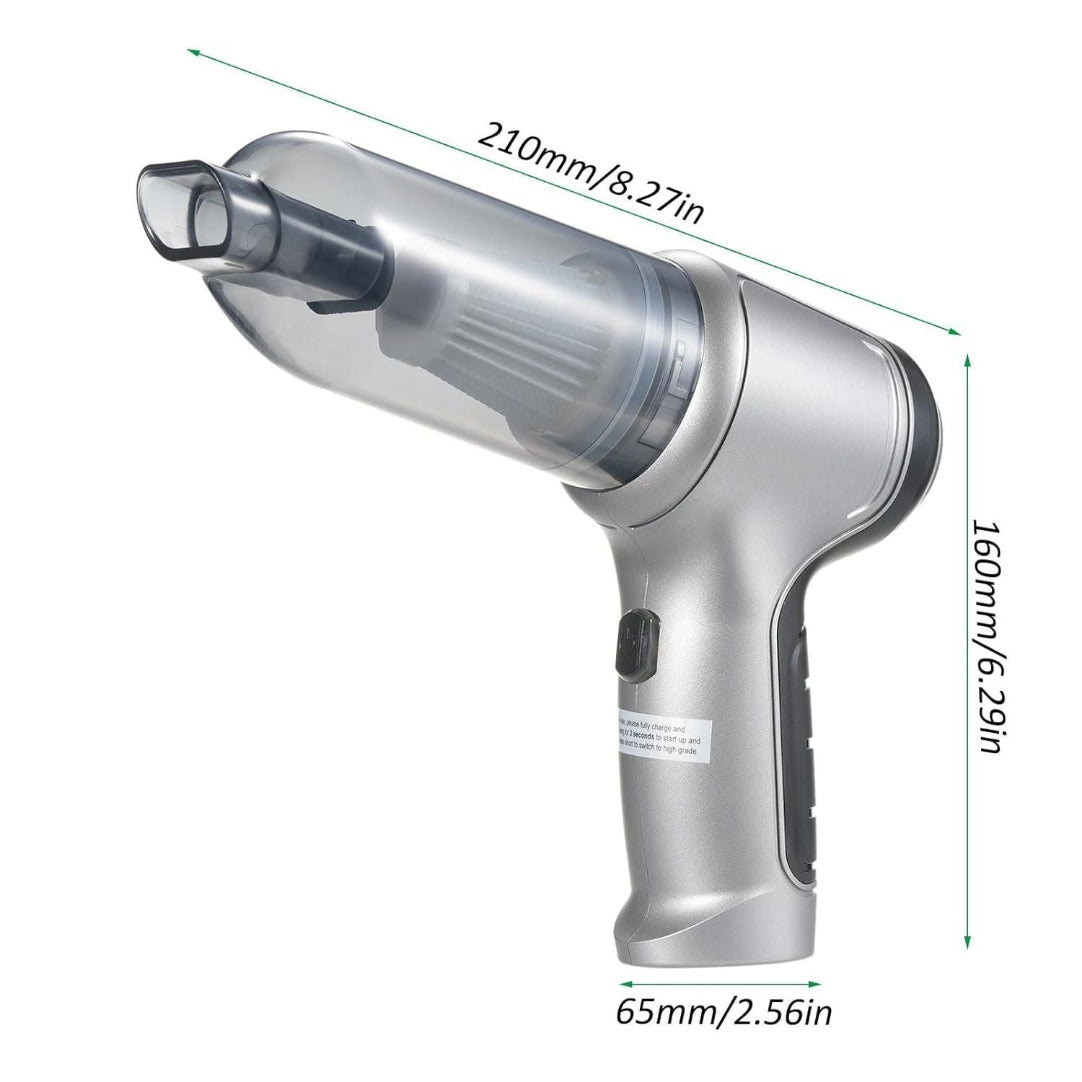 Silver handheld vacuum cleaner with dimensions labeled on a white background