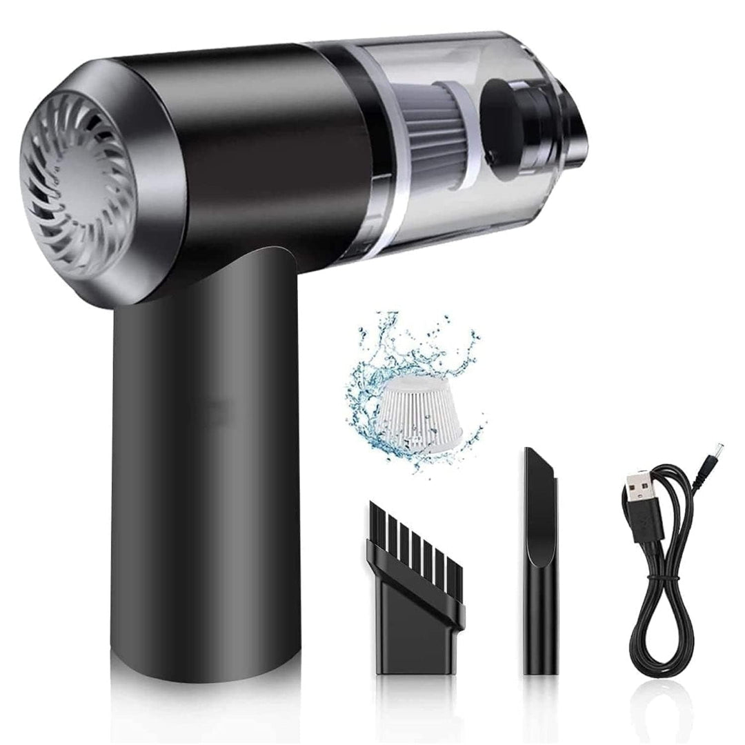 Black handheld vacuum cleaner with attachments and USB cable on a white background