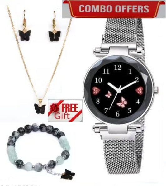 Silver watch, necklace, bracelet, and earrings with a free gift offer on a red and white background.