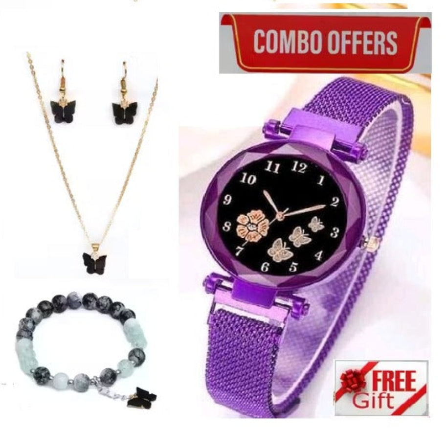 Purple watch with butterfly design, necklace, earrings, and bracelet on a white background with 'COMBO OFFERS' and 'FREE Gift' text.