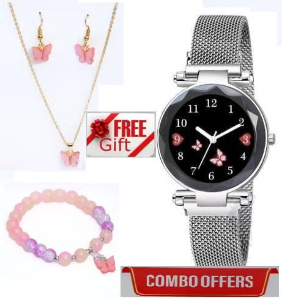 Silver watch with butterfly design, necklace, earrings, and bracelet with free gift card on a white background.