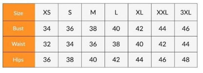 Size chart for bust, waist, and hips with measurements in centimeters.