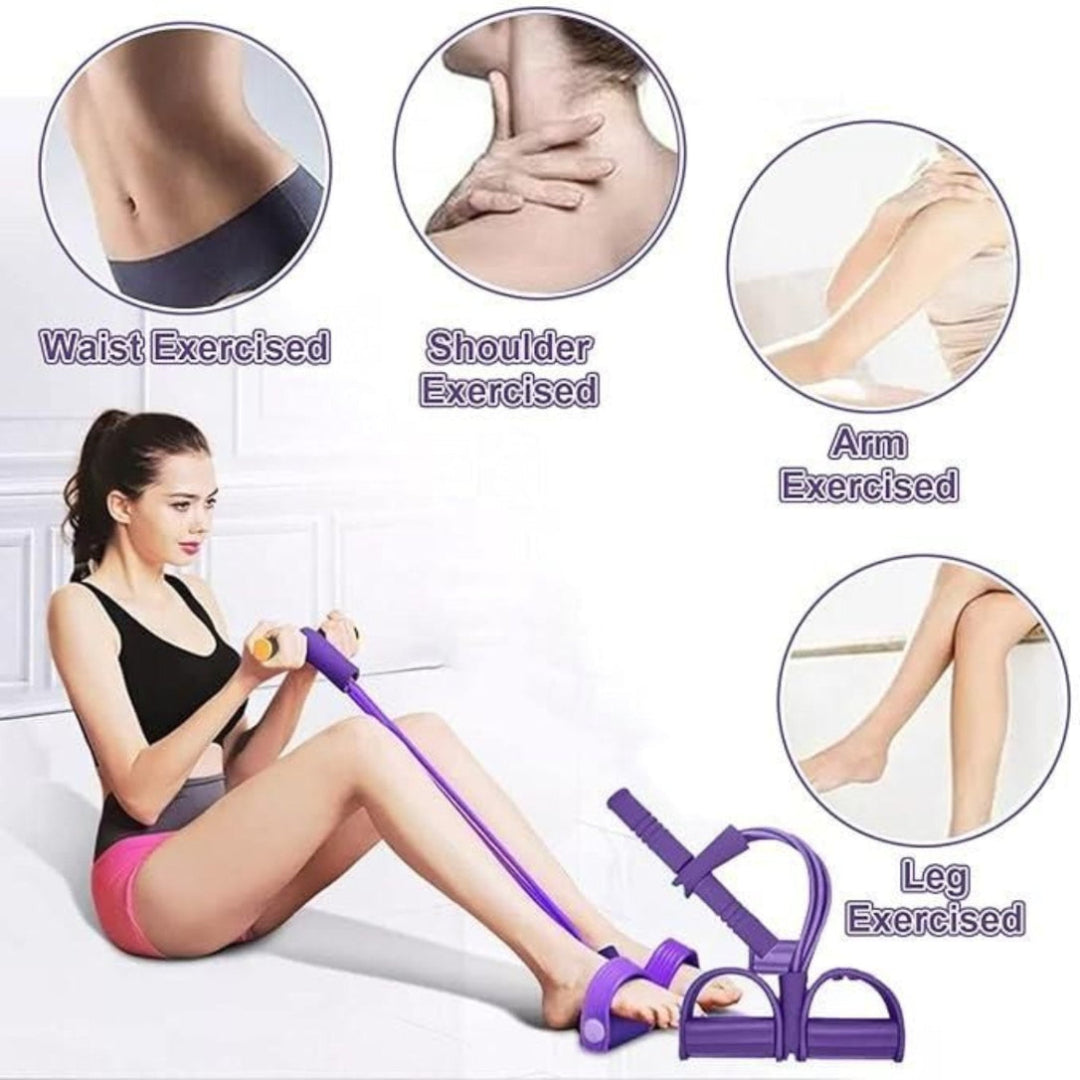 Woman exercising with a purple resistance band, showing different body parts exercised.