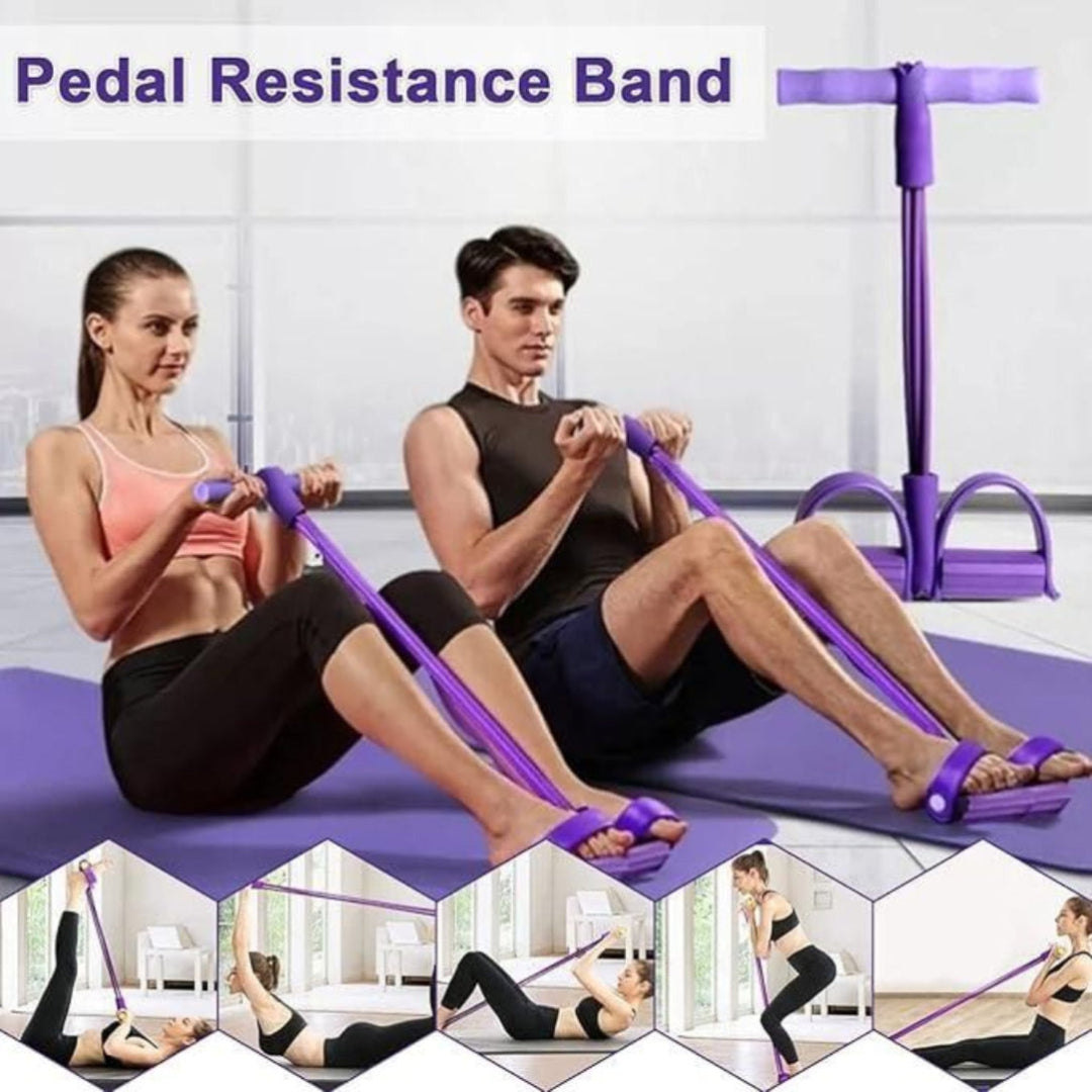 Collage of a man and woman using a pedal resistance band with text 'Pedal Resistance Band' above.