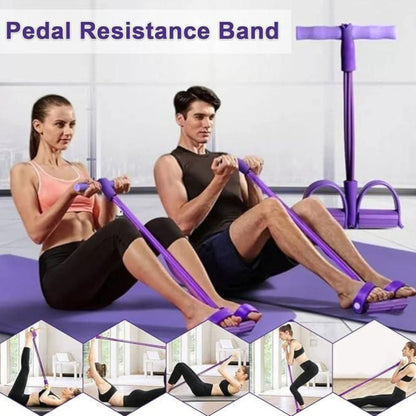 Collage of a man and woman using a pedal resistance band with text 'Pedal Resistance Band' above.