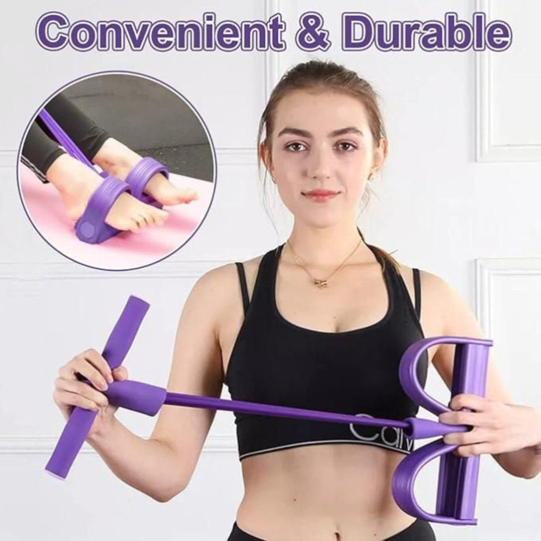 Woman holding a purple resistance band with an inset showing foot usage, on a white background.
