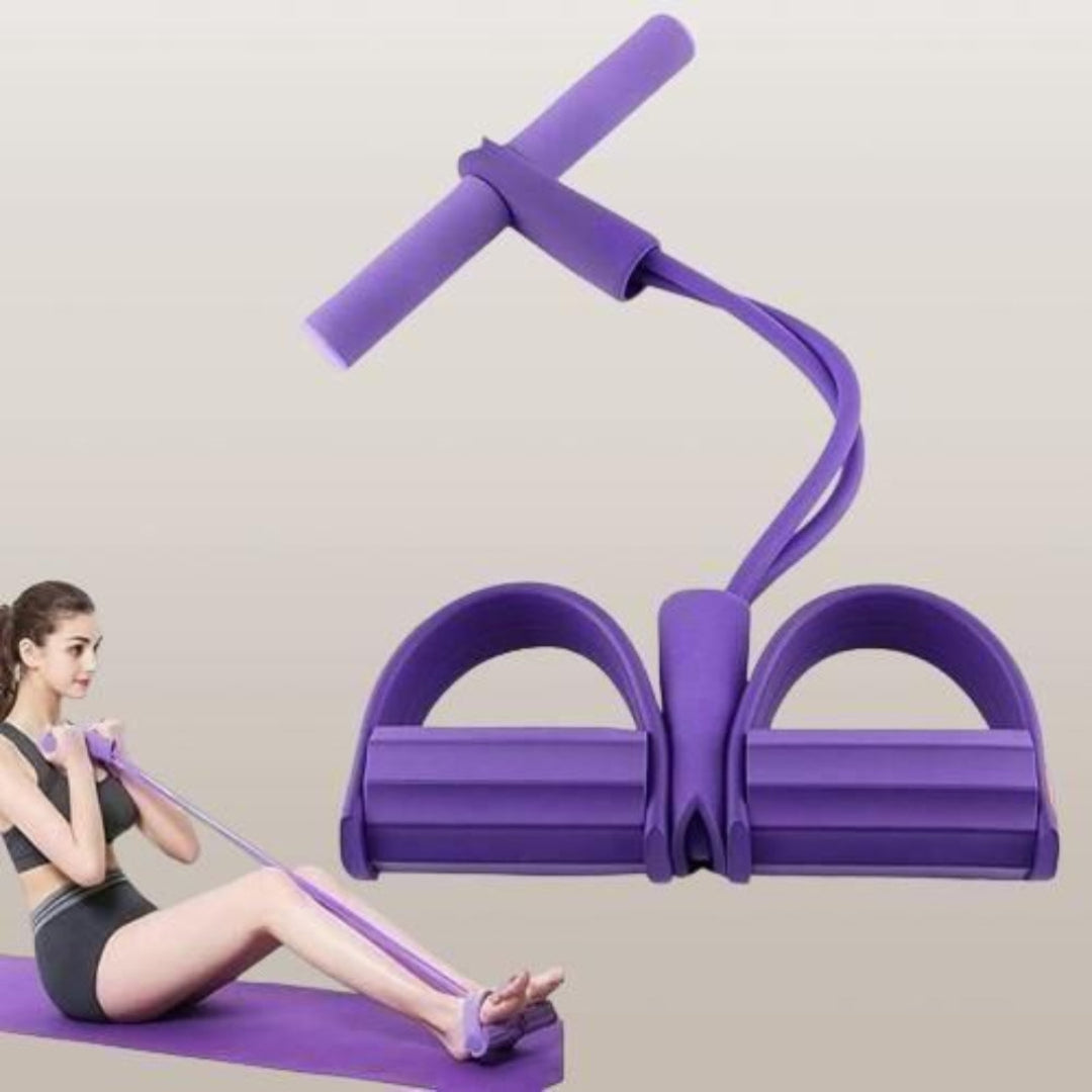 Purple resistance band exercise tool with a woman using it on a mat.
