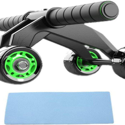 An ab roller with black handles and anti-skid green wheels, accompanied by a blue exercise mat.