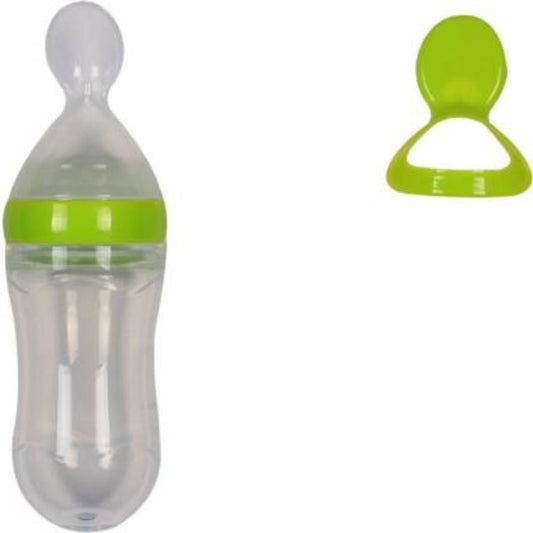 Clear baby bottle with green accents on a white background