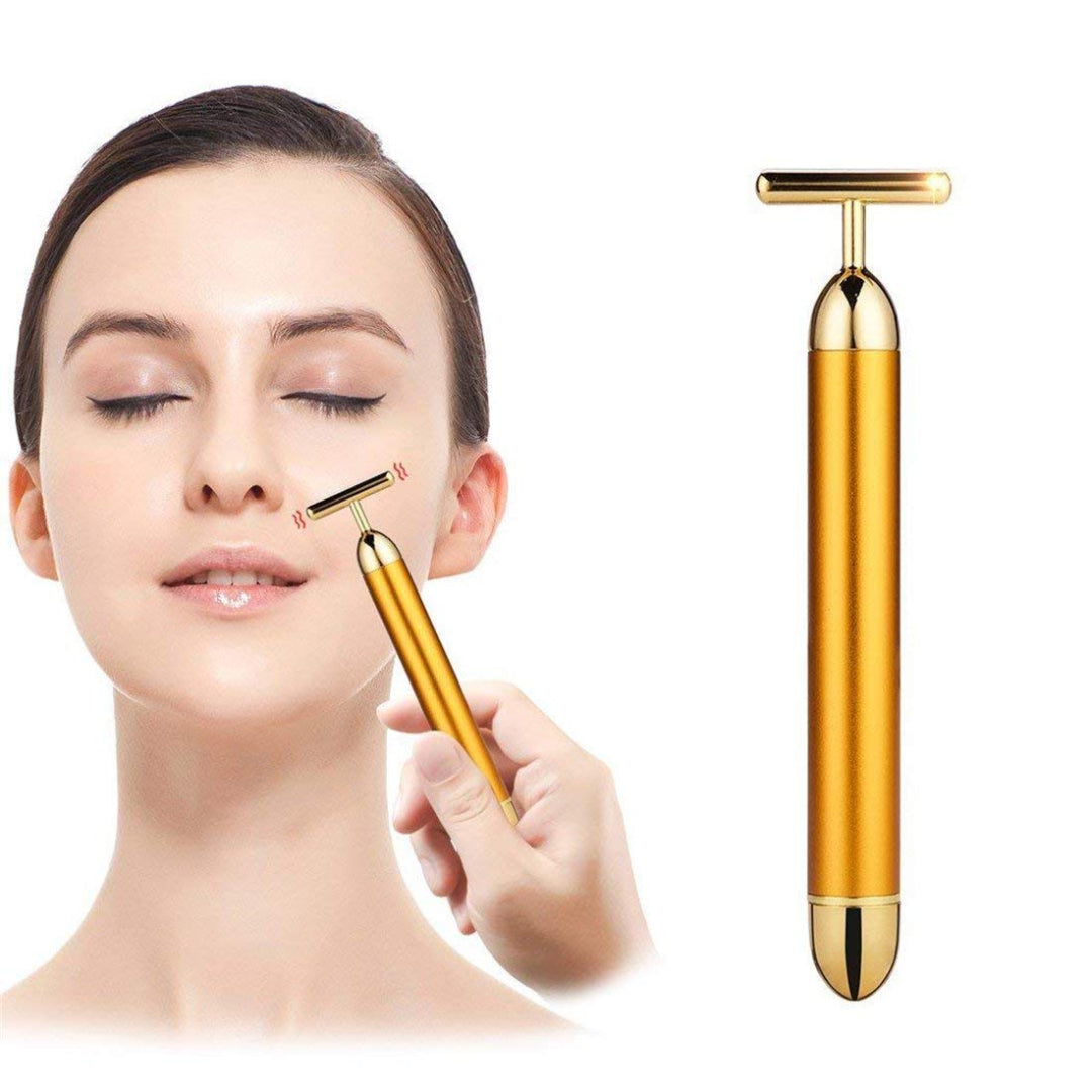 Woman using a gold facial tool on her face with a close-up of the tool on a white background.