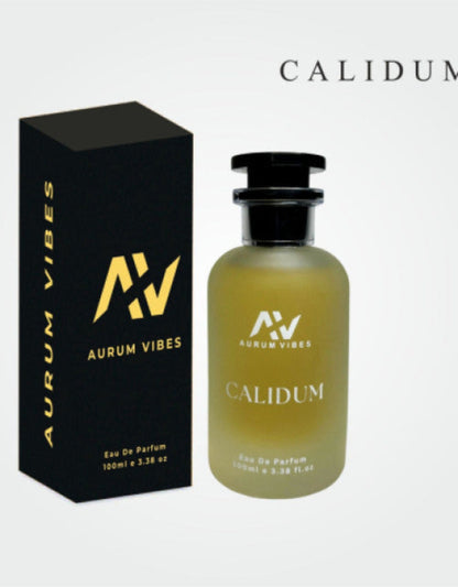 Aurum Vibes Calidum perfume bottle and packaging on a white background