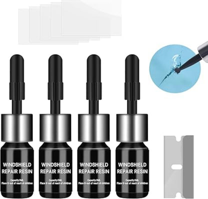 Set of windshield repair resin bottles with a tool on a white background