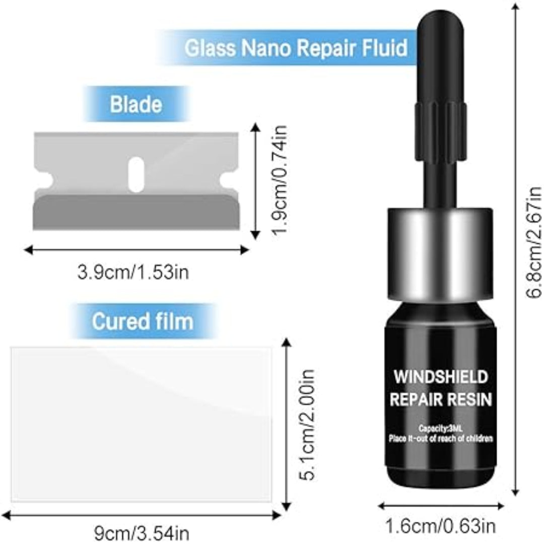Glass nano repair fluid set with dimensions labeled