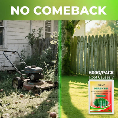 Mower in a neglected yard with a green herbicide packet labeled 'No Comeback' on a bright day.
