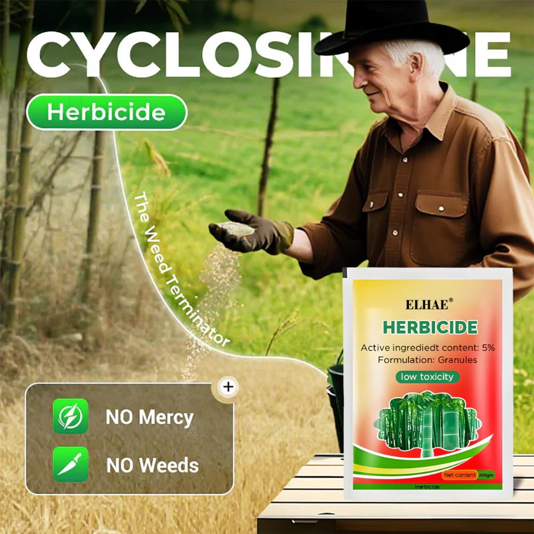 Man in a field with a sign for Elhae herbicide, promoting 'No Mercy, No Weeds' slogan.