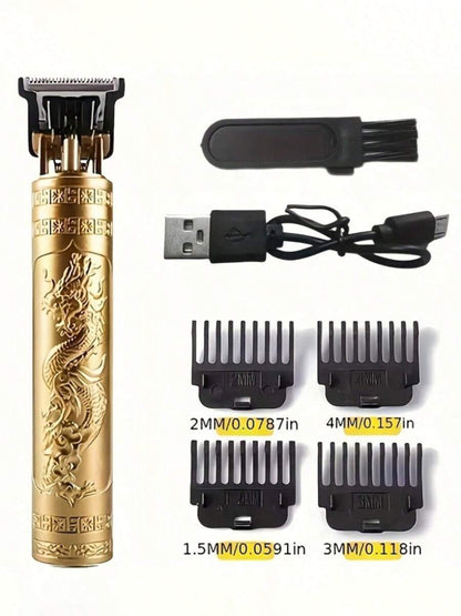 Gold hair trimmer set with attachments and USB cable on a white background
