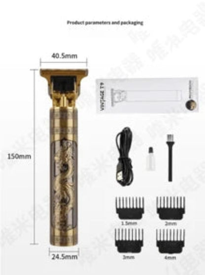 Hair trimmer set with measurements and components displayed